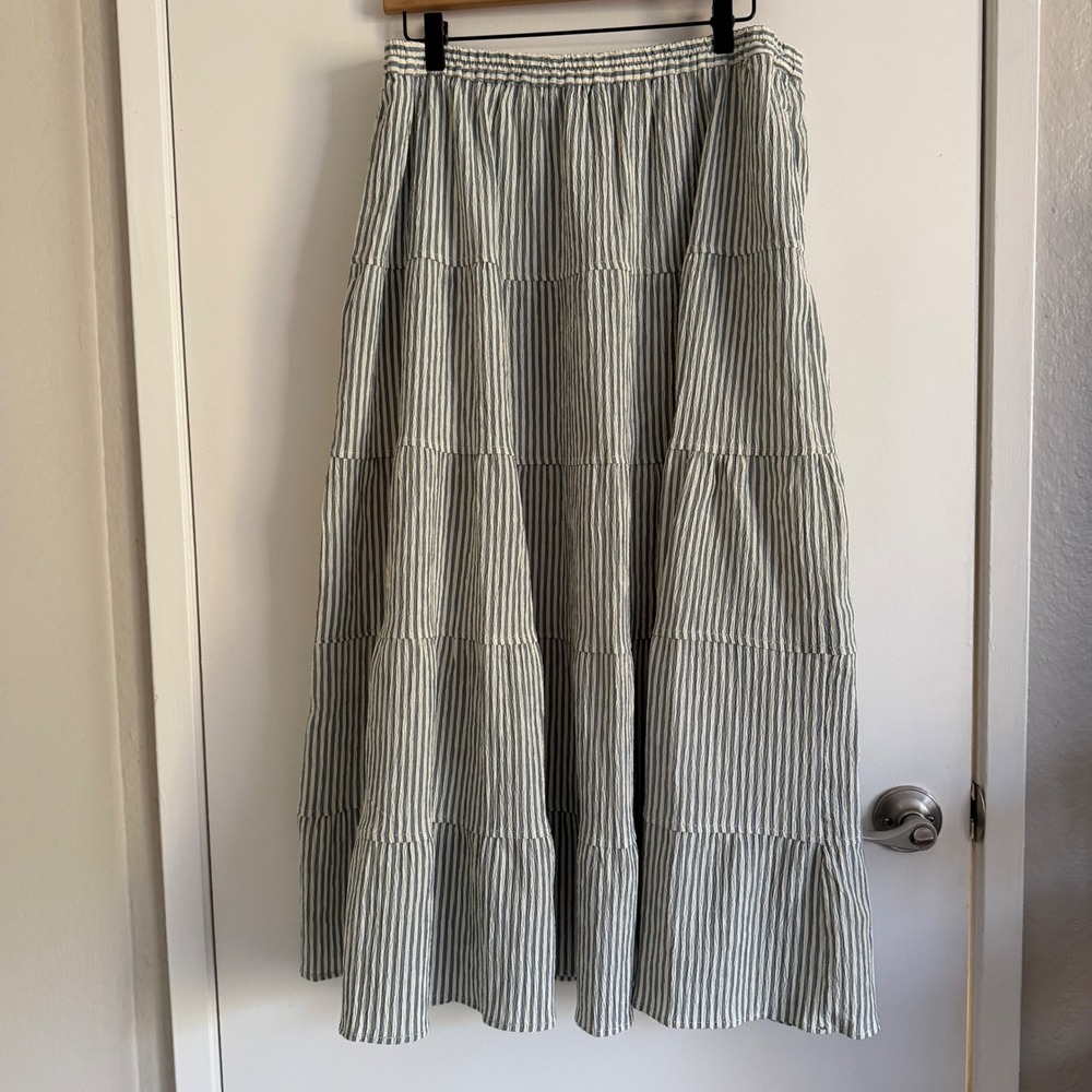 Max Studio London Blue White Striped Tiered Maxi Skirt XL Seersucker Pockets NEW